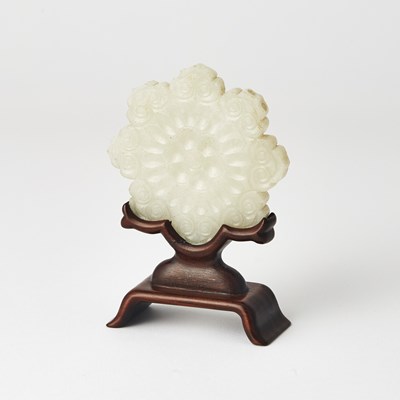 Lot 26 - A Chinese Carved Jade Plaque of a Flower and Stand