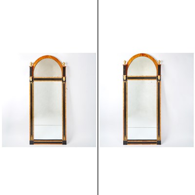Lot 729 - Pair of Biedermeier Gilt-Metal Mounted and Part Ebonized Pier Mirrors