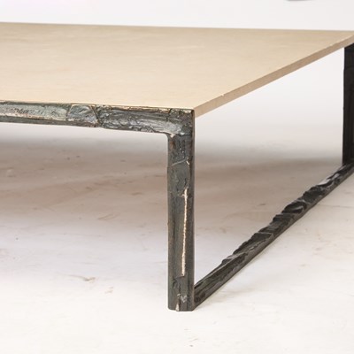 Lot 740 - Bronze Bruno Romeda Table Base with a Travertine Top