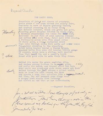 Lot 702 - The original autograph manuscript and typescript of Chandler's poem The Magic Shop