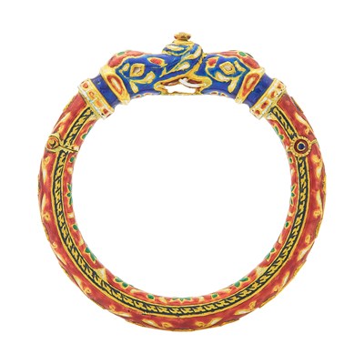 Lot 2119 - Indian Gold, Jaipur Enamel and Foil-Backed Diamond Elephant Bangle Bracelet