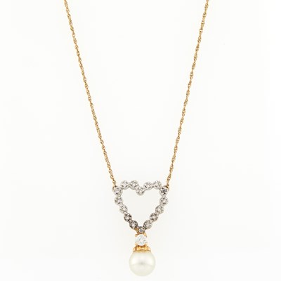 Lot 2105 - Two-Color Gold, Cultured Pearl and Diamond Heart Pendant with Silver Chain Necklace