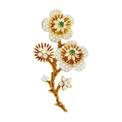 Lot 59 - Gold, Platinum, Emerald and Diamond Flower Clip-Brooch