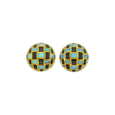 Lot 170 - Tiffany & Co. Pair of Gold, Opal and Black Jade Dome Earclips