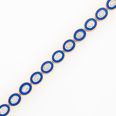 Lot 2127 - Two-Color Gold, Blue Enamel and Diamond Bracelet