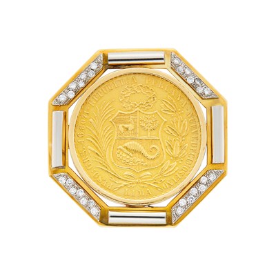 Lot 1080 - Two-Color Gold, Gold Coin and Diamond Pendant