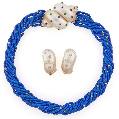 Lot 1063 - Trianon Ten Strand Lapis and Gold Bead Torsade Necklace with Shell, Emerald and Lapis Clasp and Pair of Shell, Split Pearl and Diamond Earclips