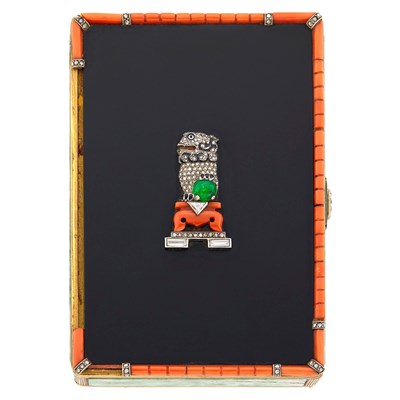 Lot 188 - Cartier Art Deco Gold, Platinum, Black Onyx, Coral, Jade, Diamond and Emerald Vanity, France