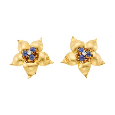 Lot 1067 - Pair of Gold, Cabochon Sapphire and Diamond Flower Earclips