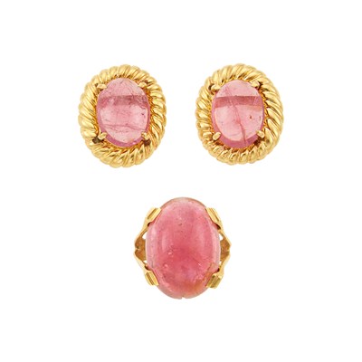 Lot 1267 - Pair of Gold and Cabochon Pink Tourmaline Earrings and Ring