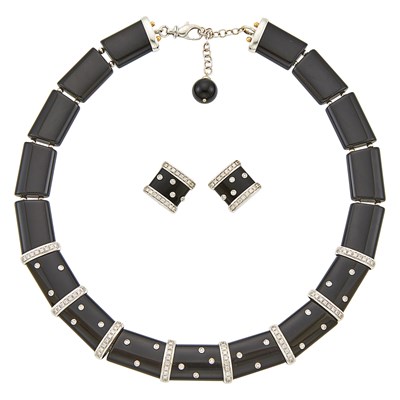 Lot 1164 - White Gold, Black Onyx and Diamond Necklace and Pair of Earrings