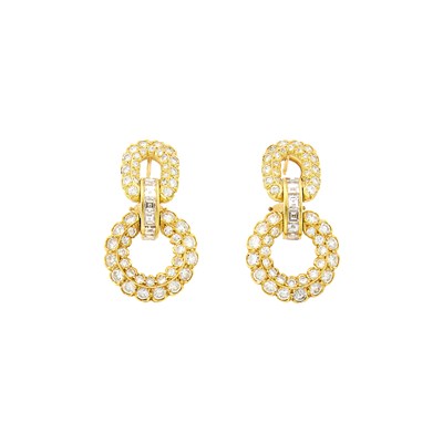 Lot 1022 - Pair of Gold and Diamond Pendant-Earrings