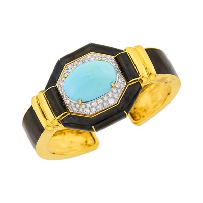 Lot 200 - Gold, Platinum, Black Enamel, Turquoise and Diamond Cuff Bangle Bracelet