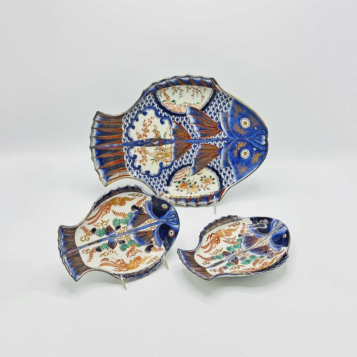 Lot 1073 - Three Imari Porcelain Fish Form Platters