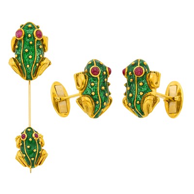 Lot 24 - Hidalgo Pair of Gold, Green Enamel and Cabochon Ruby Frog Cufflinks and Jabot