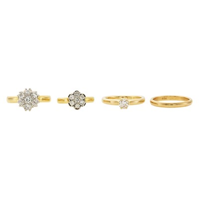 Lot 2183 - Three Gold and Diamond Rings and Band Ring
