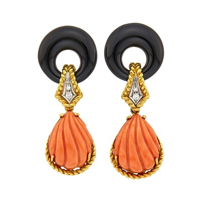 Lot 204 - Pair of Two-Color Gold, Black Onyx, Fluted Coral and Diamond Pendant-Earclips