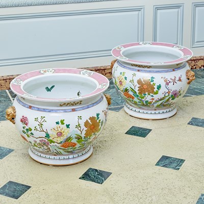 Lot 110 - Pair of Large Chinese-Style Enameled Porcelain Jardinieres