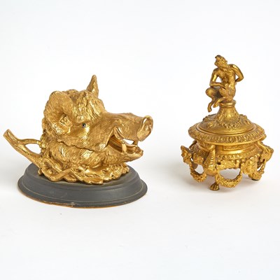 Lot 189 - Louis XVI Style Gilt Bronze Covered Ink Pot with Satyr Finial and a Gilt Bronze Boar's Head Inkwell