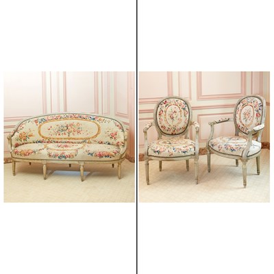 Lot 290 - Pair of Louis XVI Tapestry Upholstered Painted Wood Fauteuils en Cabriolets