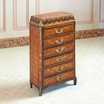 Lot 283 - Louis XV / XVI Style Parquetry Miniature Six-Drawer Chest of Drawers