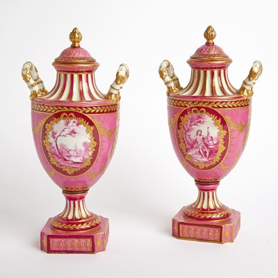 Lot 206 - Pair French Porcelain Pink-Ground Two-Handled Vases and Covers
