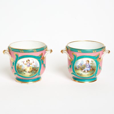Lot 240 - Pair of Sevres Porcelain (Later-Decorated) Pink and Green Ground Cache Pots (Seaux à Verre)