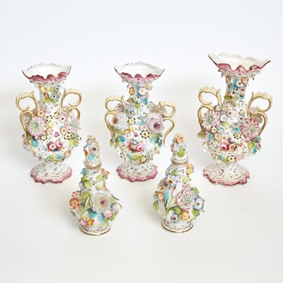 Lot 55 - Assembled English Porcelain Flower-Encrusted Five-Piece Garniture