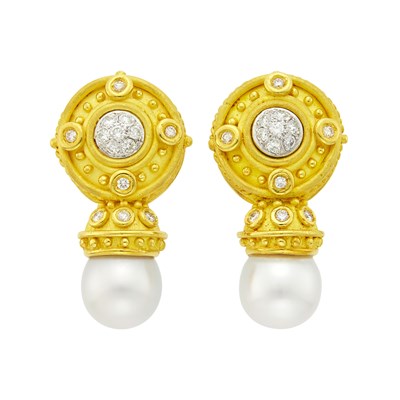 Lot 1084 - Nerso Pair of High Karat Gold, South Sea Cultured Pearl and Diamond Earclips