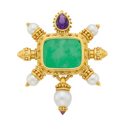Lot 1010 - Gold, Green Glass Cameo, Cultured Pearl, Amethyst and Pink Tourmaline Clip-Brooch