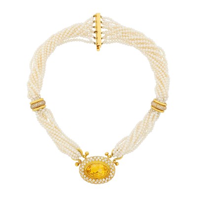 Lot 1089 - Twelve Strand Cultured Pearl, Gold, Yellow Sapphire and Diamond Pendant-Necklace