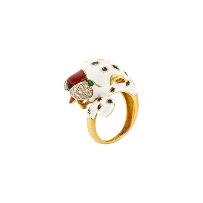 Lot 2002 - Gold, Enamel and Diamond Panther Ring