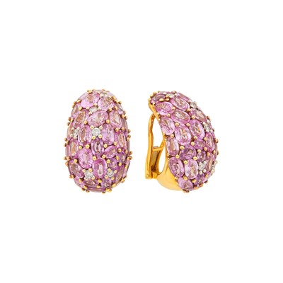 Lot 1031 - Pair of Gold, Pink Sapphire and Diamond Bombé Earclips