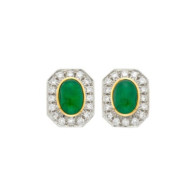 Lot 87 - Cartier Pair of Gold, Platinum, Cabochon Emerald and Diamond Earclips