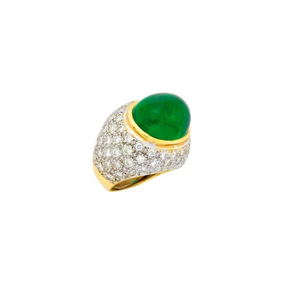 Lot 77 - Two-Color Gold, Cabochon Emerald and Diamond Ring