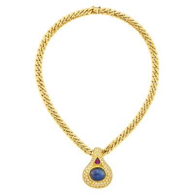 Lot 1110 - Gold, Cabochon Sapphire, Ruby and Diamond Curb Link Pendant-Necklace