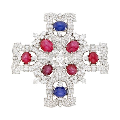Lot 236 - Platinum, Star Sapphire and Ruby and Diamond Maltese Cross Clip-Brooch with Long Double Strand Cultured Pearl Necklace and Clip Attachment