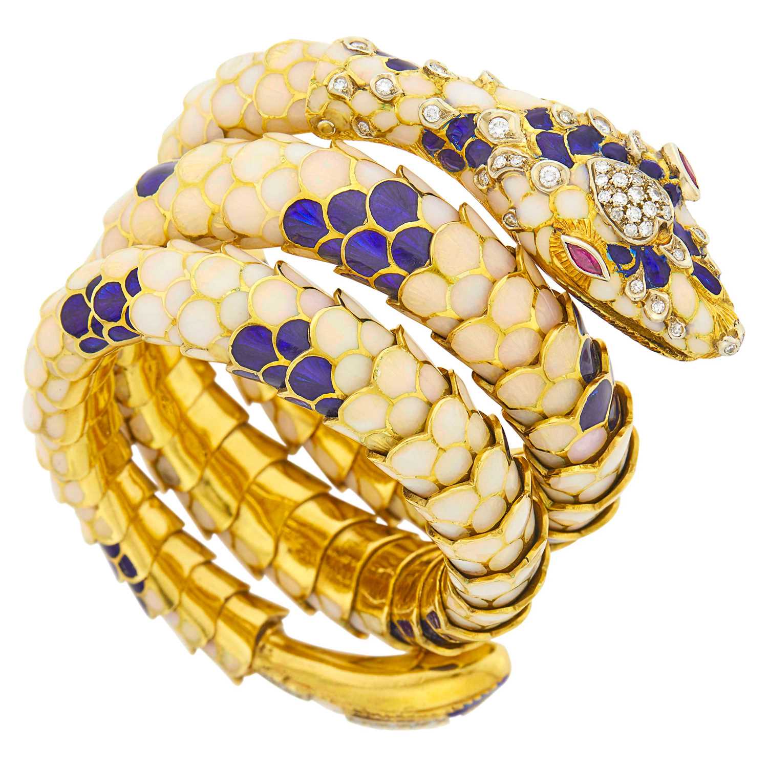 Lot 55 - Gold, Enamel, Diamond and Ruby Coiled Serpent Bracelet