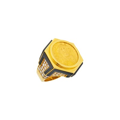 Lot 15 - Bulgari High Karat Gold, Gold Coin, Black Onyx and Diamond Ring