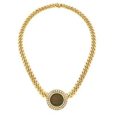 Lot 1008 - Bulgari Gold, Bronze Coin and Diamond Curb Link Chain Necklace