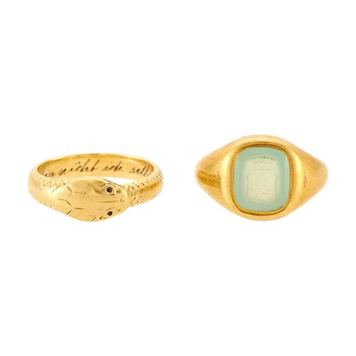Lot 2382 - Gold Ouroboros Serpent Ring and Carved Green Glass Intaglio Crest Ring
