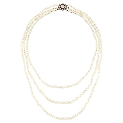 Lot 1056 - Triple Strand Natural Pearl Necklace with Silver, Gold and Diamond Clasp
