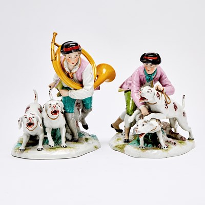 Lot 273 - Pair of German Dresden Porcelain Hunting Themed Figural Groups With Dogs