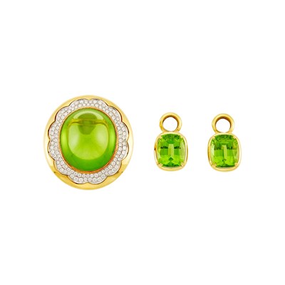 Lot 2052 - Two-Color Gold, Cabochon Peridot and Diamond Ring and Pair of Gold and Peridot Ear Pendants