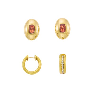 Lot 1244 - Gump's Gold and Pink Tourmaline Earrings and Pair of Gold and Diamond Hoop Earrings