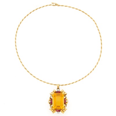 Lot 2062 - Gold, Citrine, Ruby and Diamond Pendant with Gilt-Metal Collar Necklace