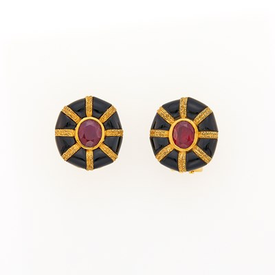 Lot 2023 - Pair of Gold, Ruby and Black Onyx Earclips
