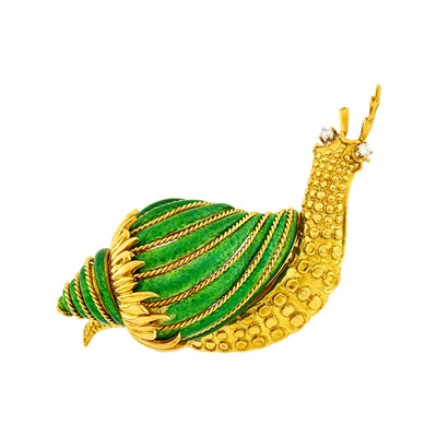 Lot 64 - David Webb Gold, Platinum, Green Enamel and Diamond Snail Clip-Brooch