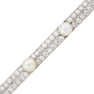 Lot 160 - Raymond Yard Platinum, Button Pearl and Diamond Bar Pin
