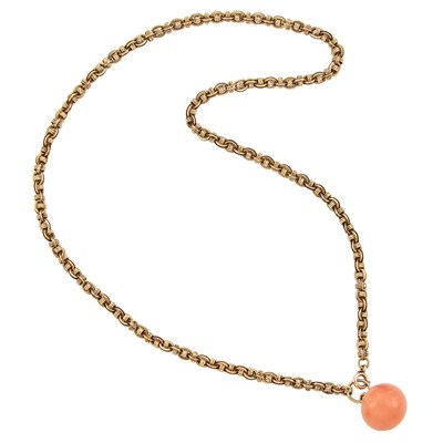Lot 1187 - Antique Gold Chain with Coral Bead Pendant